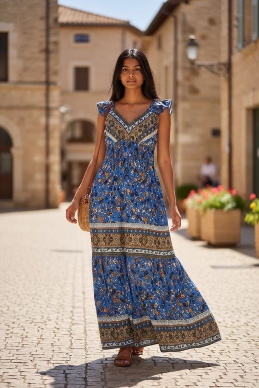 Dusty Blue Boho Floral Maxi Dress Women's Medium Smocked Waist Ruffle Sleeve
